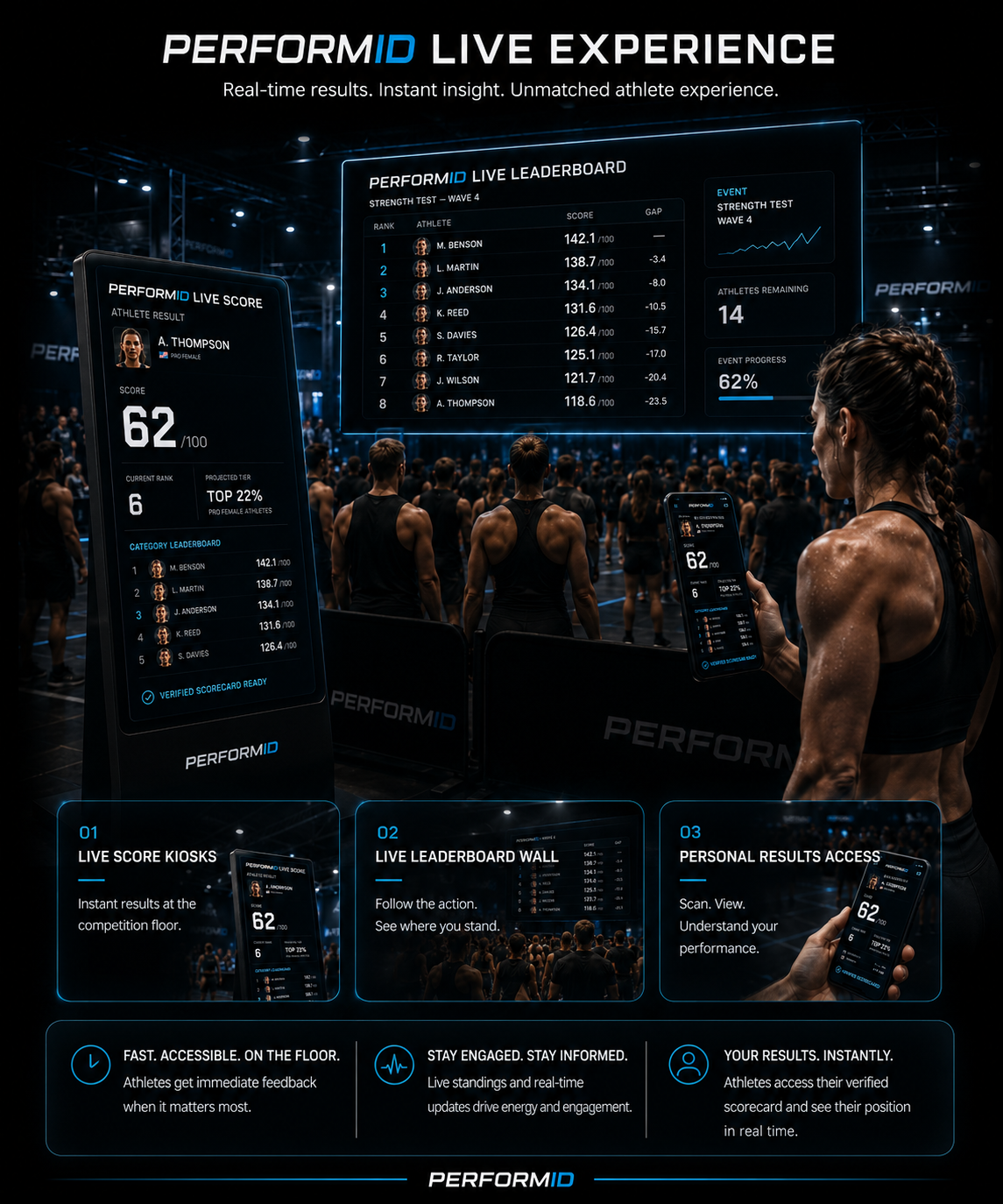 PerformID live leaderboard showing real-time event rankings